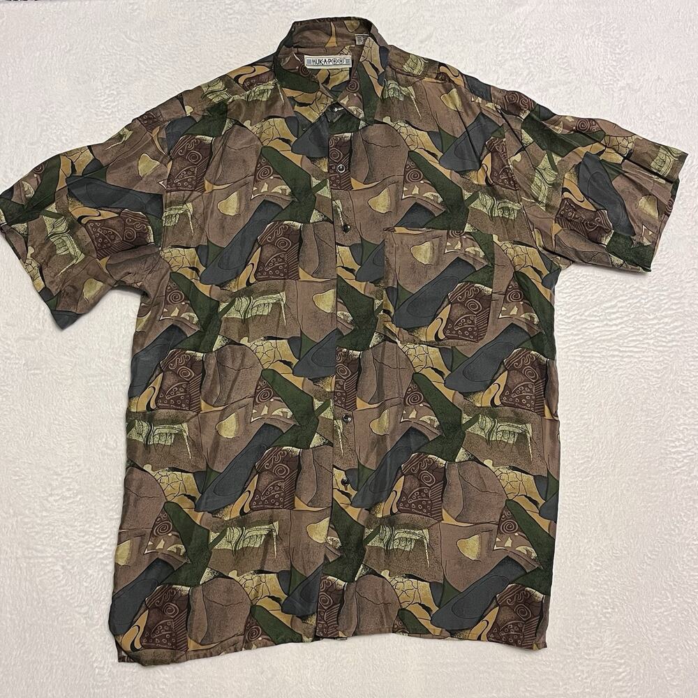 Vintage 1970s Huk-A-Poo Silk Shirt Men’s XL? 23x32 Disco Short Sleeve Patterned